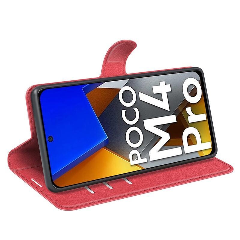 Litchi PU bőr pénztárca tok a Xiaomi Poco M4 Pro 4G-hez - piros