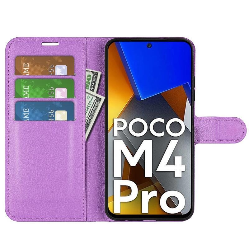 Litchi PU bőr pénztárca tok a Xiaomi Poco M4 Pro 4G-hez - lila