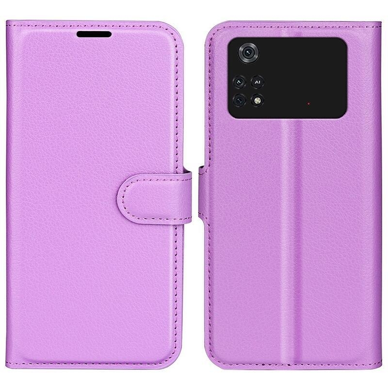 Litchi PU bőr pénztárca tok a Xiaomi Poco M4 Pro 4G-hez - lila