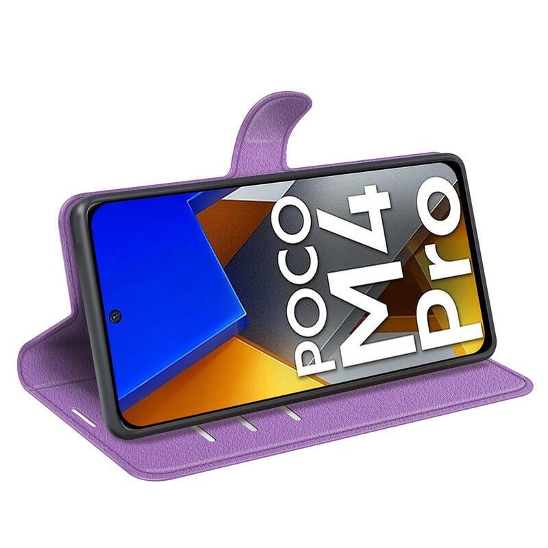 Litchi PU bőr pénztárca tok a Xiaomi Poco M4 Pro 4G-hez - lila
