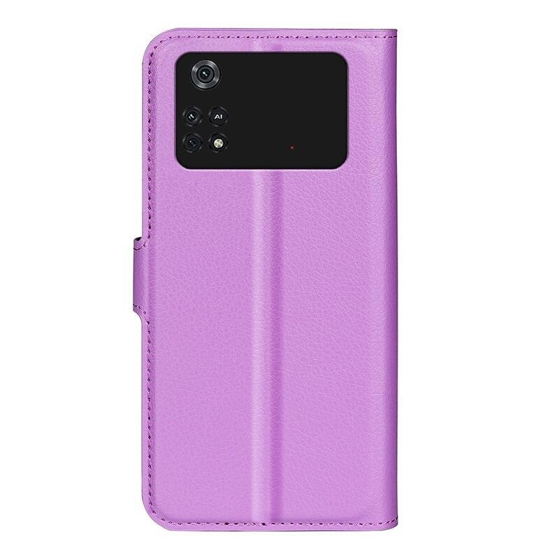 Litchi PU bőr pénztárca tok a Xiaomi Poco M4 Pro 4G-hez - lila