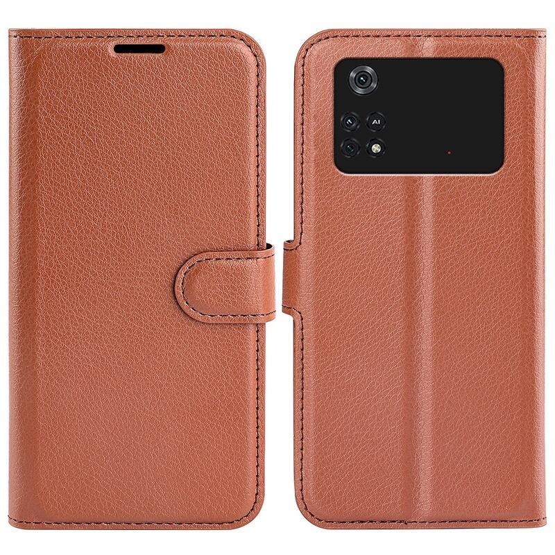 Litchi PU bőr pénztárca tok a Xiaomi Poco M4 Pro 4G-hez - barna