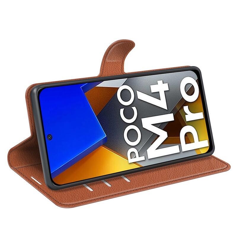 Litchi PU bőr pénztárca tok a Xiaomi Poco M4 Pro 4G-hez - barna