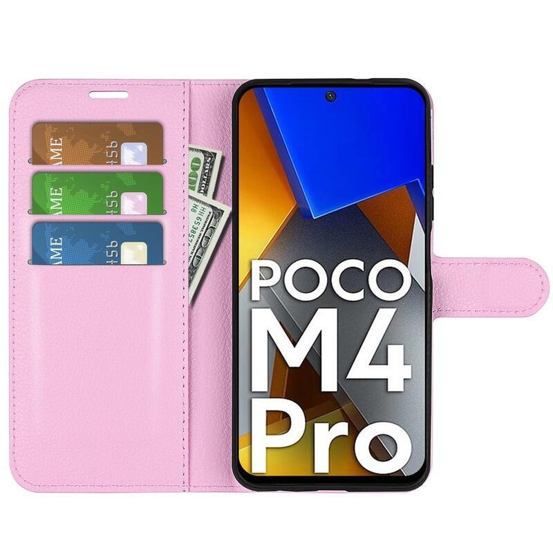 Litchi PU bőr pénztárca tok a Xiaomi Poco M4 Pro 4G-hez - rózsaszínű