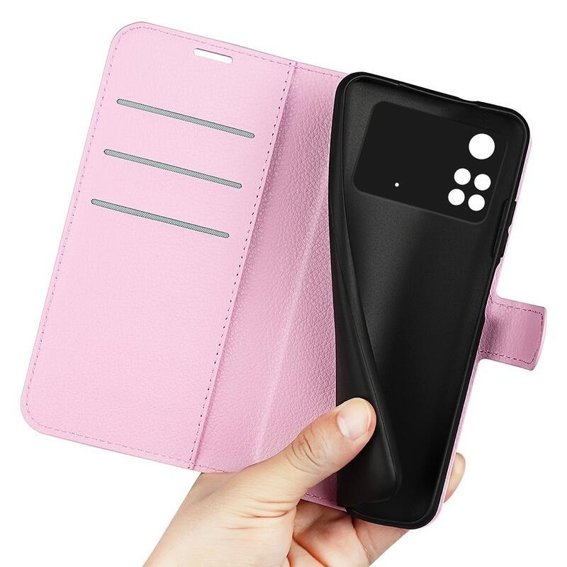 Litchi PU bőr pénztárca tok a Xiaomi Poco M4 Pro 4G-hez - rózsaszínű