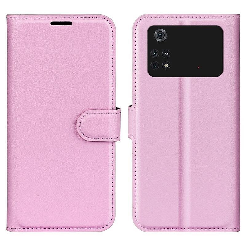 Litchi PU bőr pénztárca tok a Xiaomi Poco M4 Pro 4G-hez - rózsaszínű