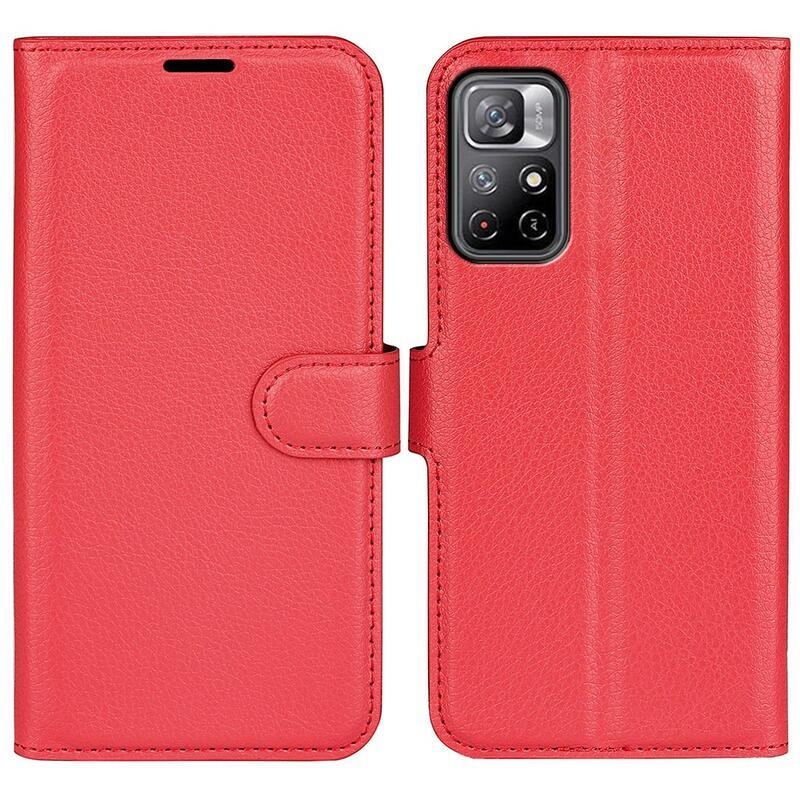 Litchi PU bőr pénztárca tok Xiaomi Poco M4 Pro 5G/Redmi Note 11S 5G - piros