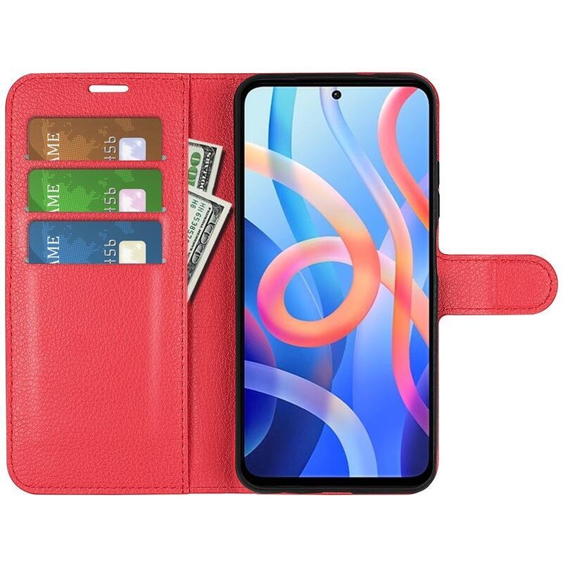 Litchi PU bőr pénztárca tok Xiaomi Poco M4 Pro 5G/Redmi Note 11S 5G - piros