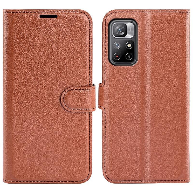 Litchi PU bőr pénztárca tok Xiaomi Poco M4 Pro 5G/Redmi Note 11S 5G - barna