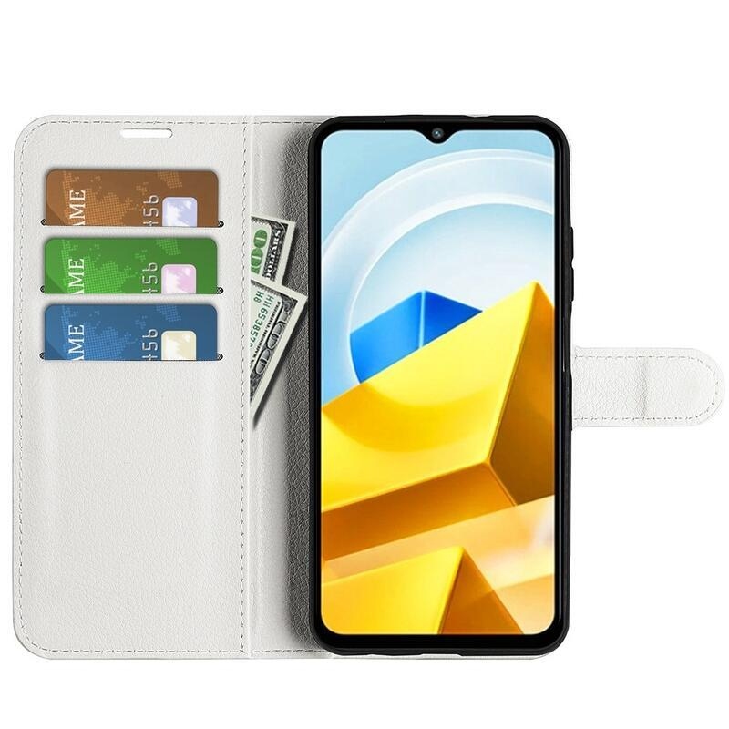 Litchi PU bőr pénztárca tok a Xiaomi Poco M5-hez - fehér