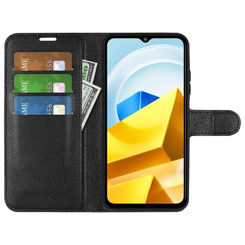 Litchi PU bőr pénztárca tok a Xiaomi Poco M5-hez - fekete