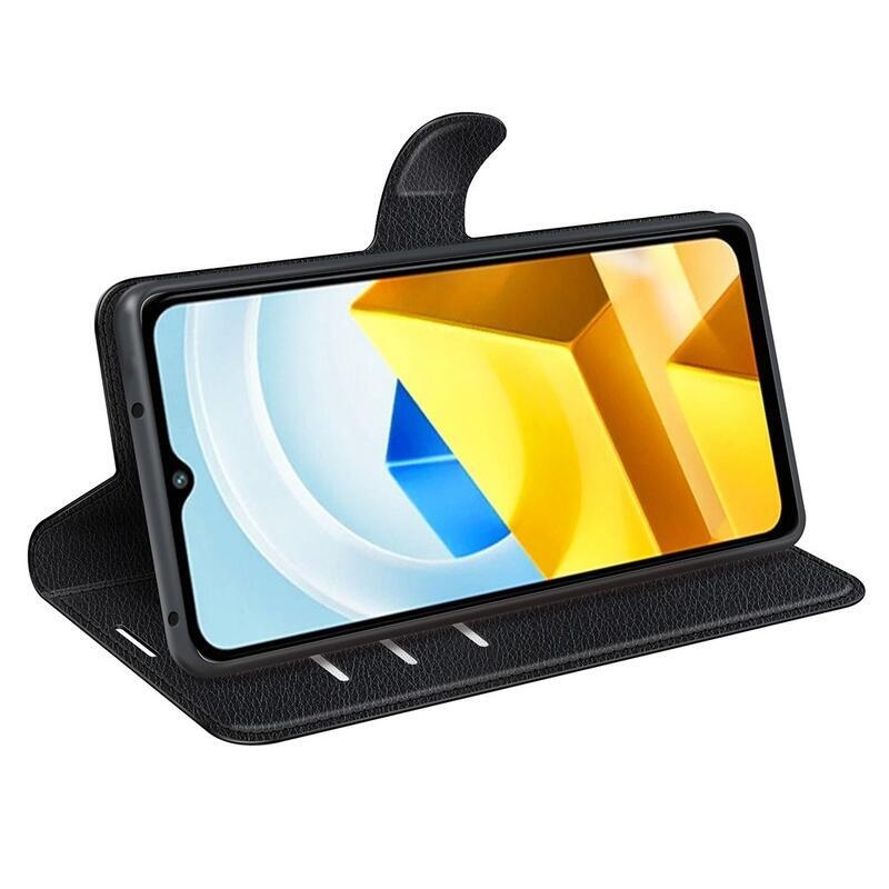 Litchi PU bőr pénztárca tok a Xiaomi Poco M5-hez - fekete
