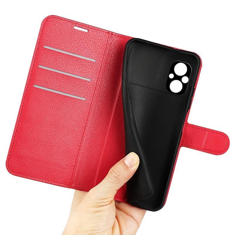 Litchi PU bőr pénztárca tok a Xiaomi Poco M5-hez - piros