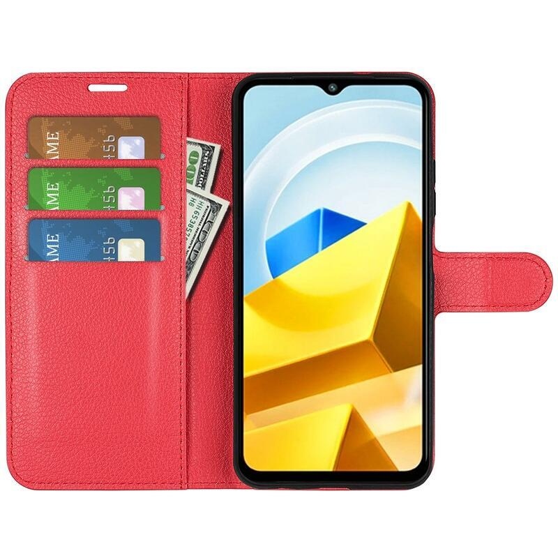 Litchi PU bőr pénztárca tok a Xiaomi Poco M5-hez - piros