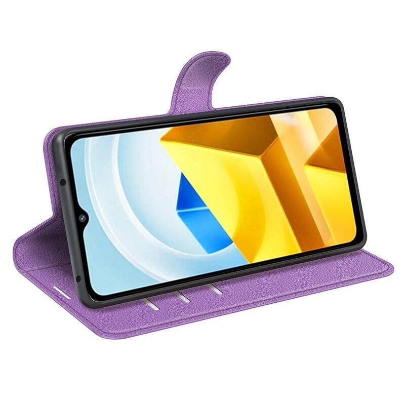 Litchi PU bőr pénztárca tok a Xiaomi Poco M5-hez - lila