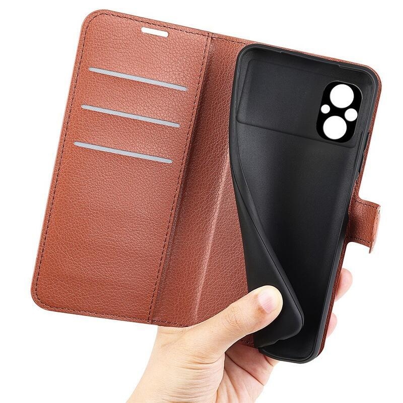 Litchi PU bőr pénztárca tok a Xiaomi Poco M5-hez - barna