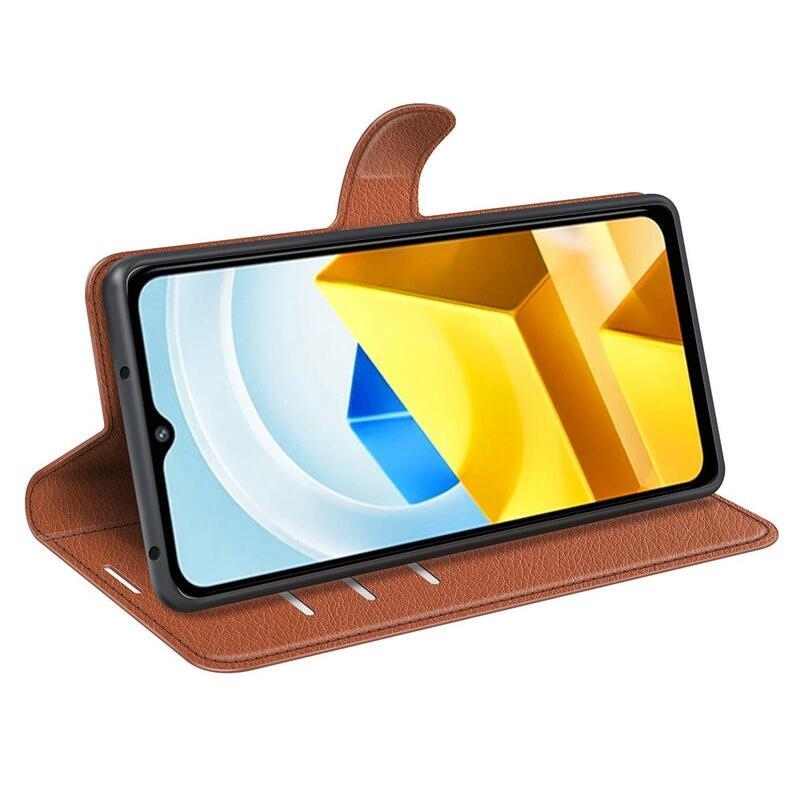 Litchi PU bőr pénztárca tok a Xiaomi Poco M5-hez - barna