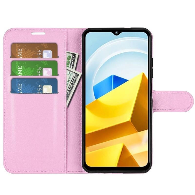 Litchi PU bőr pénztárca tok a Xiaomi Poco M5-hez - rózsaszínű