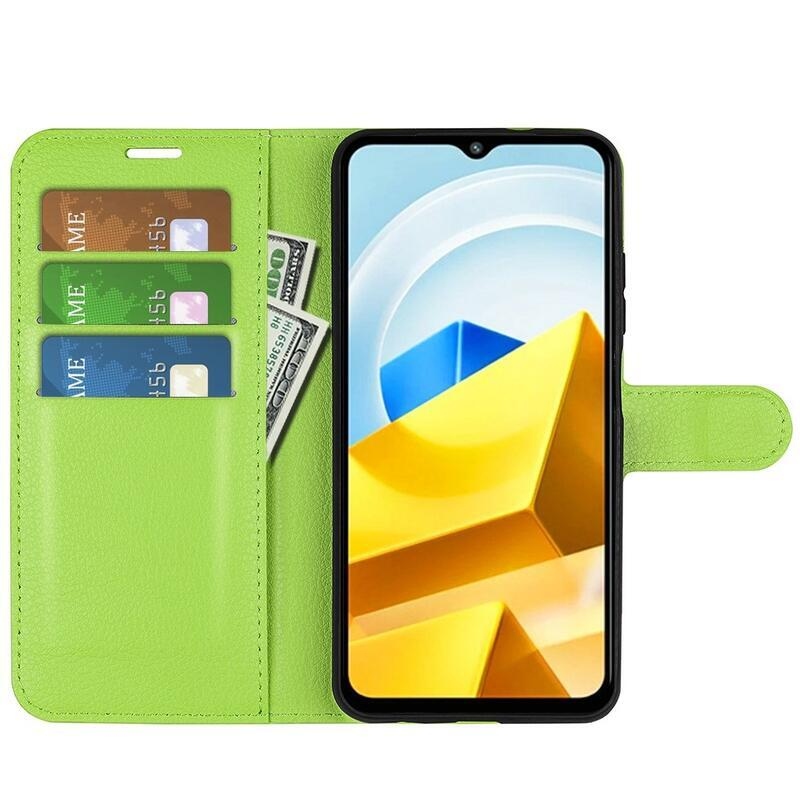 Litchi PU bőr pénztárca tok a Xiaomi Poco M5-hez - zöld