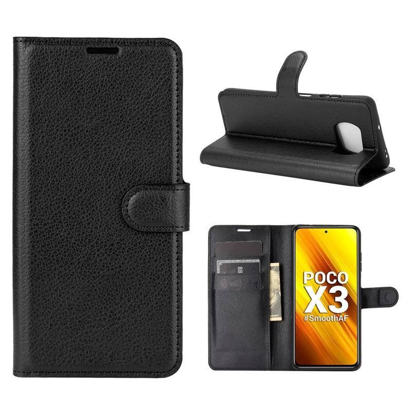 Litchi PU bőr pénztárca tok a Xiaomi Poco X3/X3 Pro számára - fekete