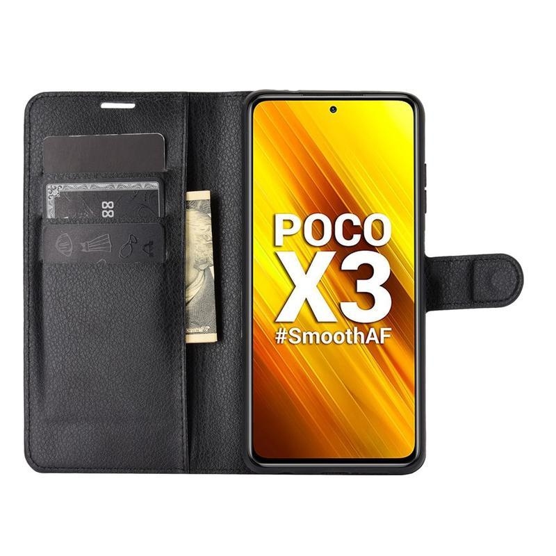 Litchi PU bőr pénztárca tok a Xiaomi Poco X3/X3 Pro számára - fekete