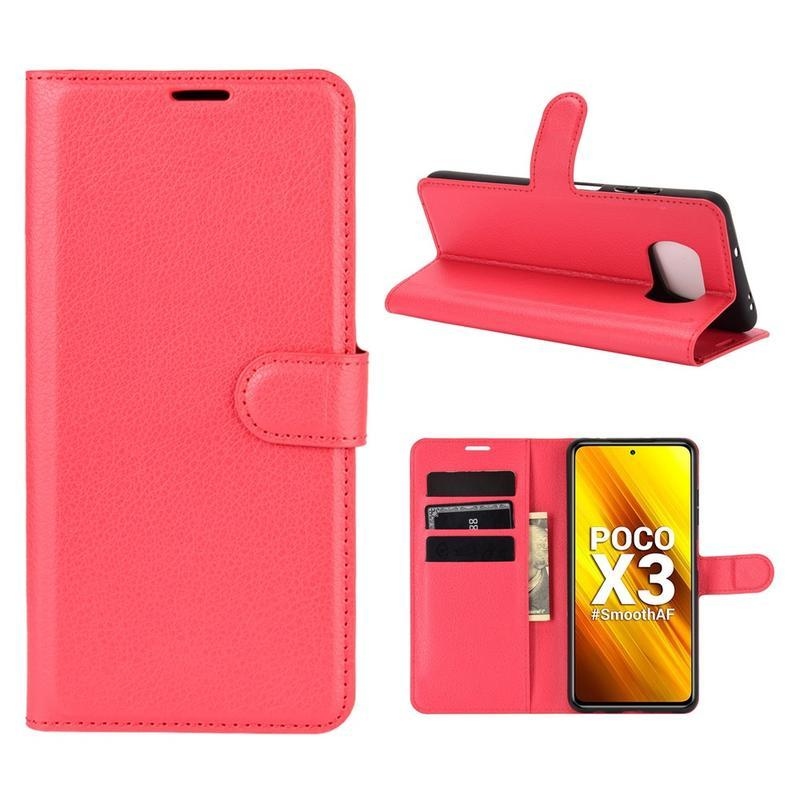 Litchi PU bőr pénztárca tok a Xiaomi Poco X3/X3 Pro-hoz - piros