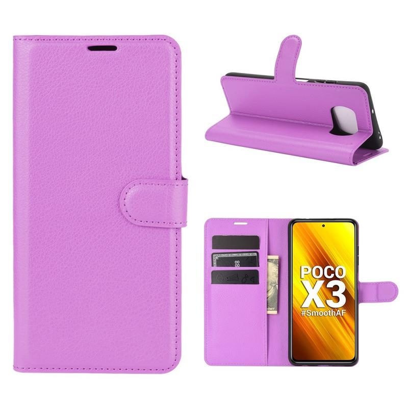 Litchi PU bőr pénztárca tok Xiaomi Poco X3/X3 Pro - lila