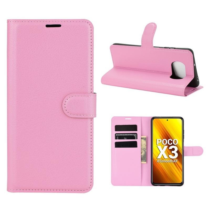 Litchi PU bőr pénztárca tok Xiaomi Poco X3/X3 Pro - rózsaszínű