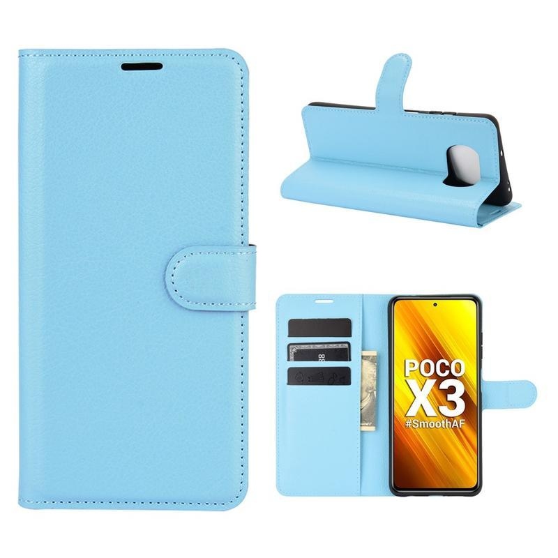 Litchi PU bőr pénztárca tok Xiaomi Poco X3/X3 Pro - világoskék színben