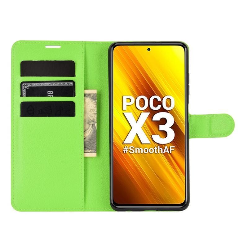 Litchi PU bőr pénztárca tok Xiaomi Poco X3/X3 Pro - zöld