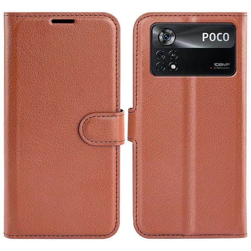 Litchi PU bőr pénztárca tok a Xiaomi Poco X4 Pro 5G számára - barna