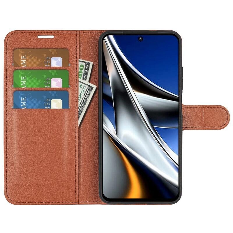 Litchi PU bőr pénztárca tok a Xiaomi Poco X4 Pro 5G számára - barna