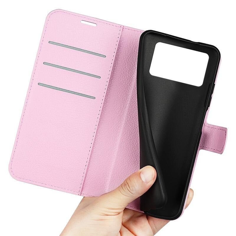 Litchi PU bőr pénztárca tok a Xiaomi Poco X4 Pro 5G számára - rózsaszínű