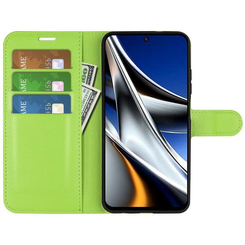 Litchi PU bőr pénztárca tok a Xiaomi Poco X4 Pro 5G számára - zöld