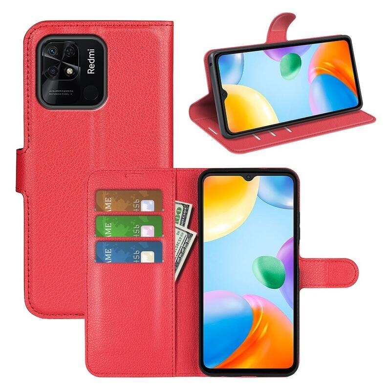 Litchi PU bőr pénztárca tok Xiaomi Redmi 10C-hez - piros