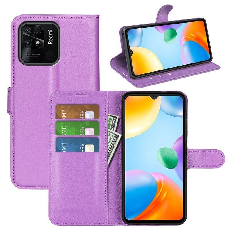 Litchi PU bőr pénztárca tok Xiaomi Redmi 10C-hez - lila