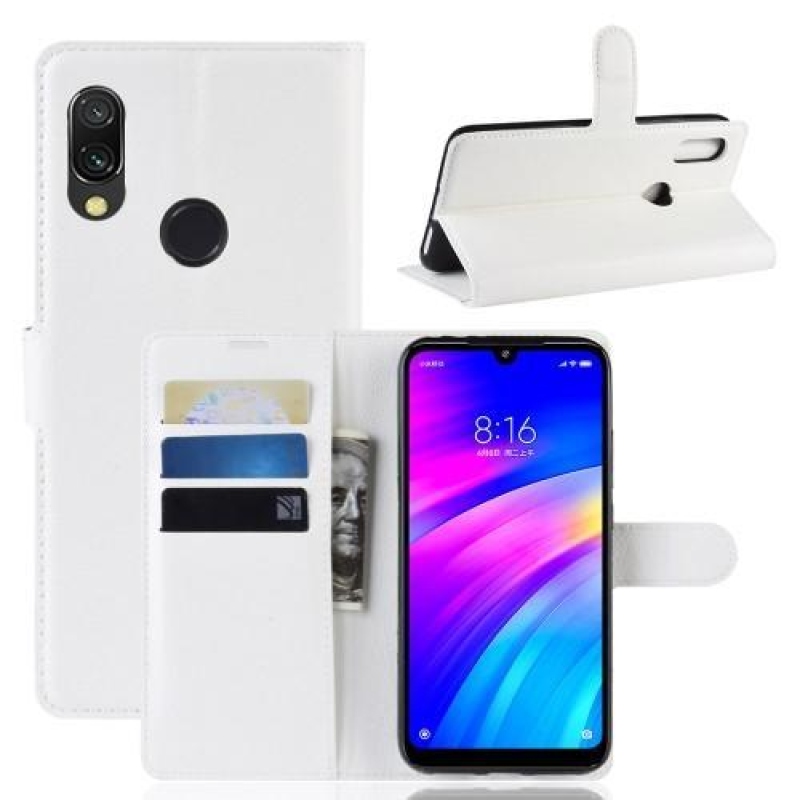 Litchi PU bőr pénztárca tok Xiaomi Redmi 7-hez - fehér