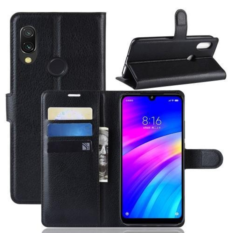 Litchi PU bőr pénztárca tok a Xiaomi Redmi 7-hez - fekete