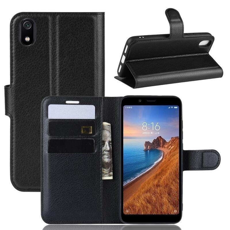 Litchi PU bőr pénztárca tok a Xiaomi Redmi 7A-hoz - fekete