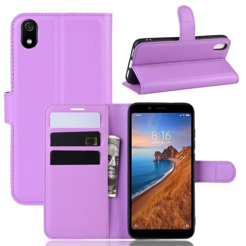 Litchi PU bőr pénztárca tok Xiaomi Redmi 7A-hoz - lila