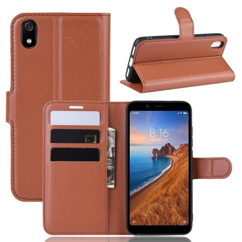 Litchi PU bőr pénztárca tok Xiaomi Redmi 7A-hoz - barna