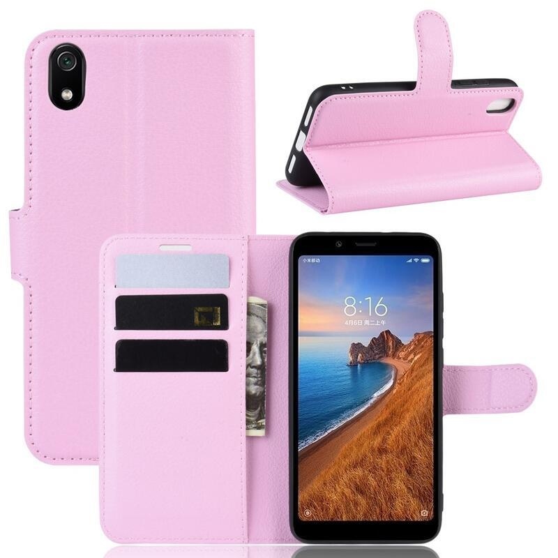 Litchi PU bőr pénztárca tok Xiaomi Redmi 7A-hoz - rózsaszínű
