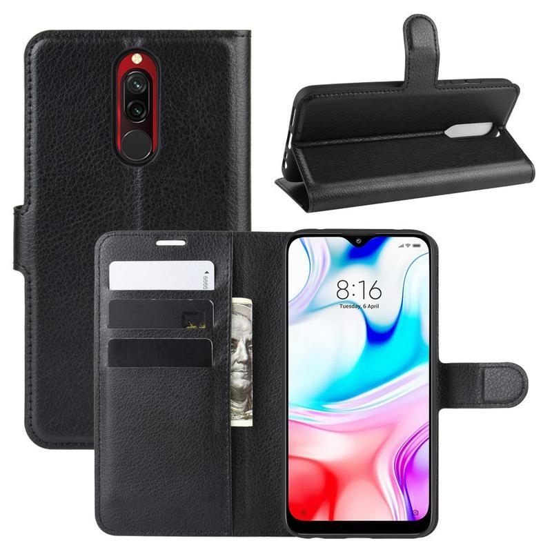 Litchi PU bőr pénztárca tok Xiaomi Redmi 8-hoz - fekete