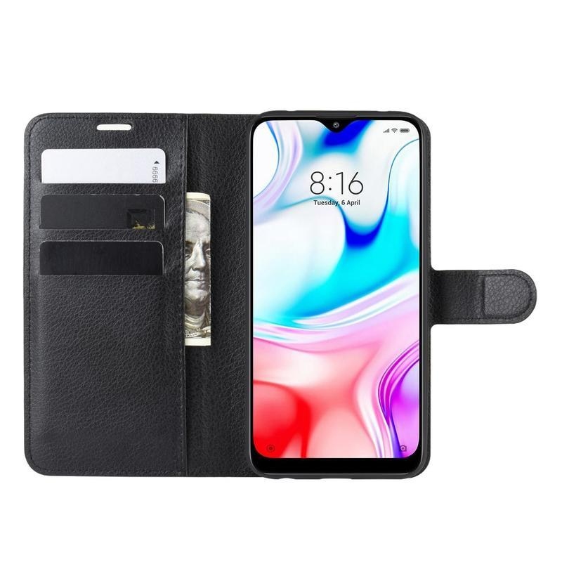Litchi PU bőr pénztárca tok Xiaomi Redmi 8-hoz - fekete