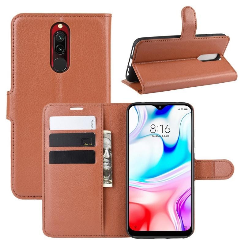 Litchi PU bőr pénztárca tok Xiaomi Redmi 8-hoz - barna