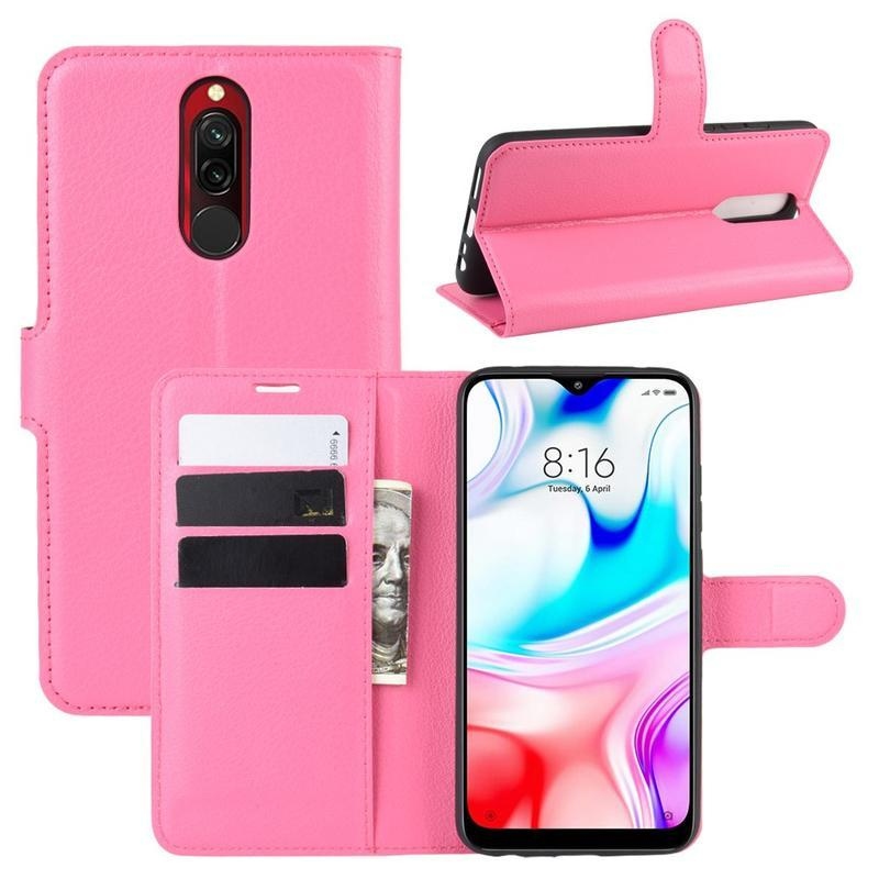 Litchi PU bőr pénztárca tok Xiaomi Redmi 8-hoz - rózsaszínű