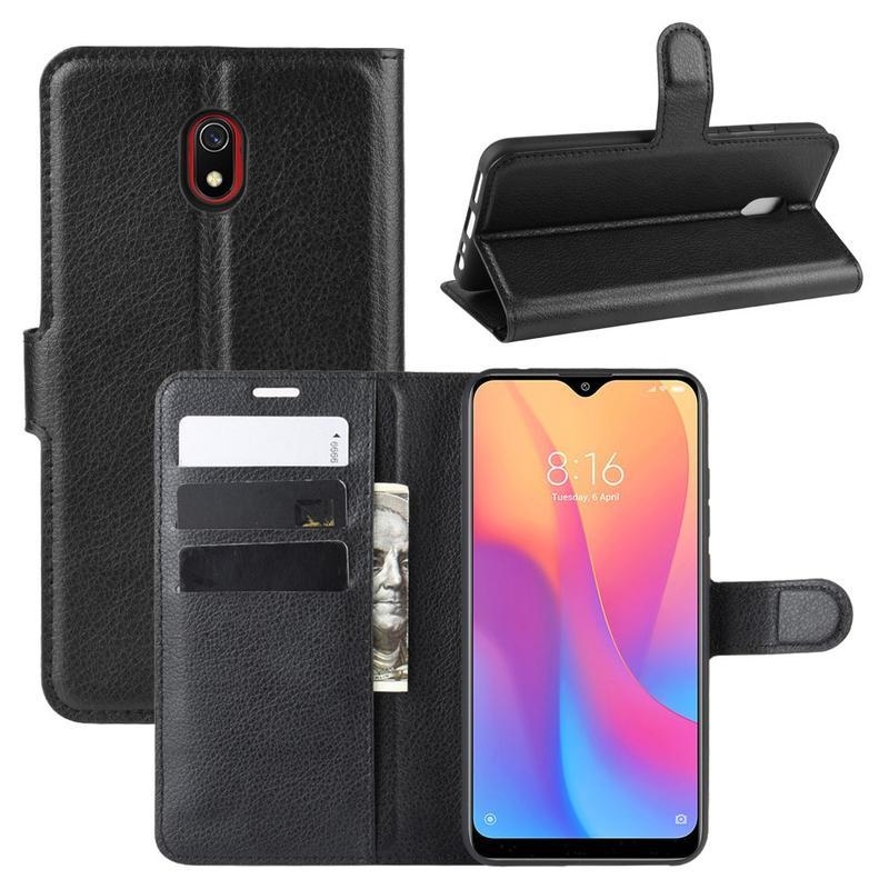 Litchi PU bőr pénztárca tok Xiaomi Redmi 8A-hoz - fekete