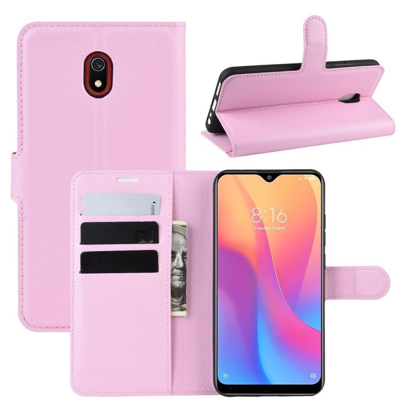 Litchi PU bőr pénztárca tok Xiaomi Redmi 8A - rózsaszínű