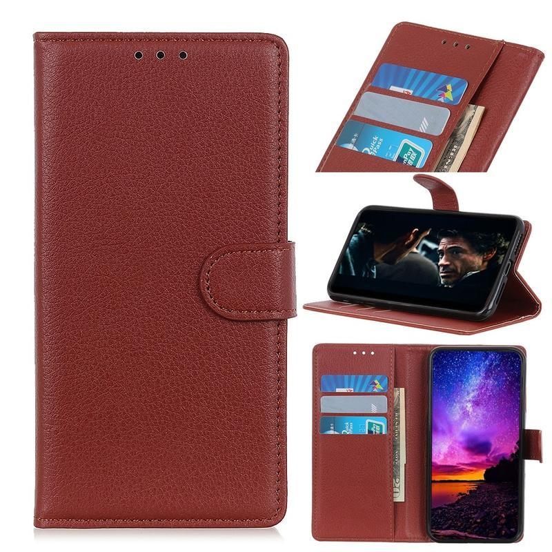Litchi PU bőr pénztárca tok Xiaomi Redmi 9A/9AT-hoz - barna