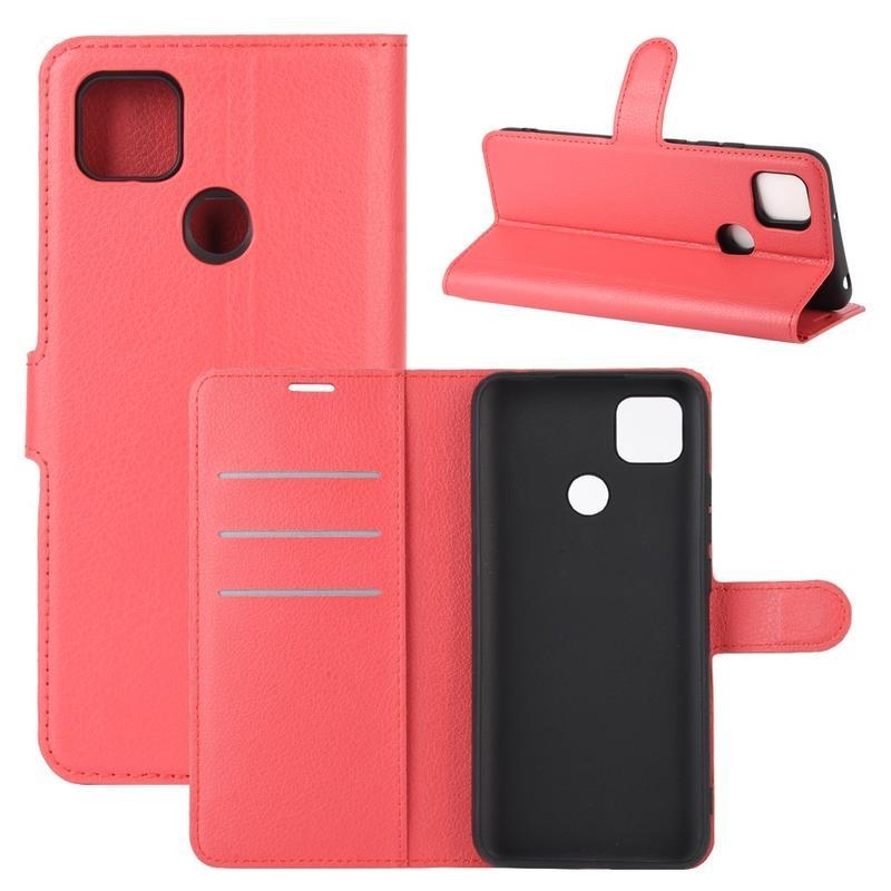 Litchi PU bőr pénztárca tok Xiaomi Redmi 9C-hez - piros